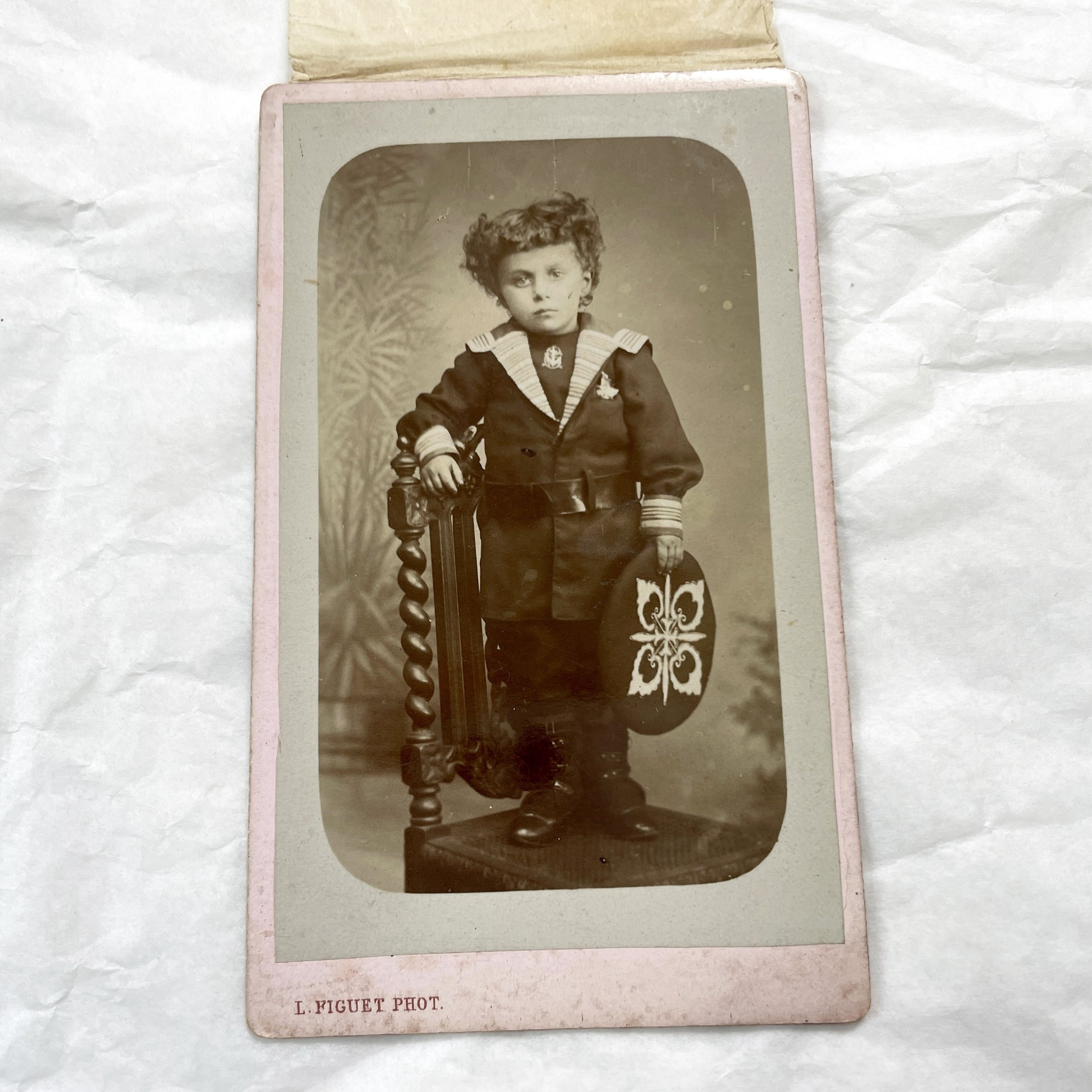 Late 19th - Young Boy in Sailor Suit Portrait - Vintage Studio Photograph - Children's Fashion - Annonay, France - L. Figuet