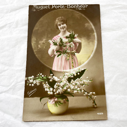 1910s - French Muguet Porte-Bonheur Postcard - Vintage Lily Of The Valley Lucky Charm - Smiling Woman Sepia Hand-Tinted - Collectible Floral
