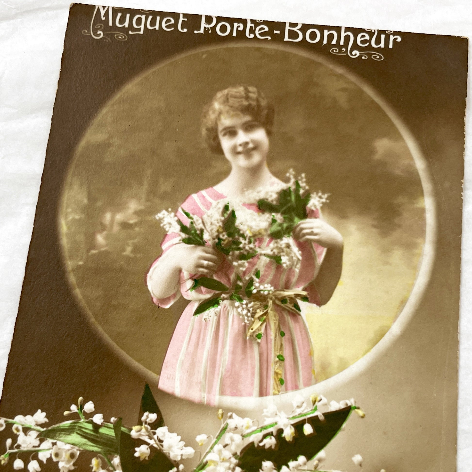 1910s - French Muguet Porte-Bonheur Postcard - Vintage Lily Of The Valley Lucky Charm - Smiling Woman Sepia Hand-Tinted - Collectible Floral