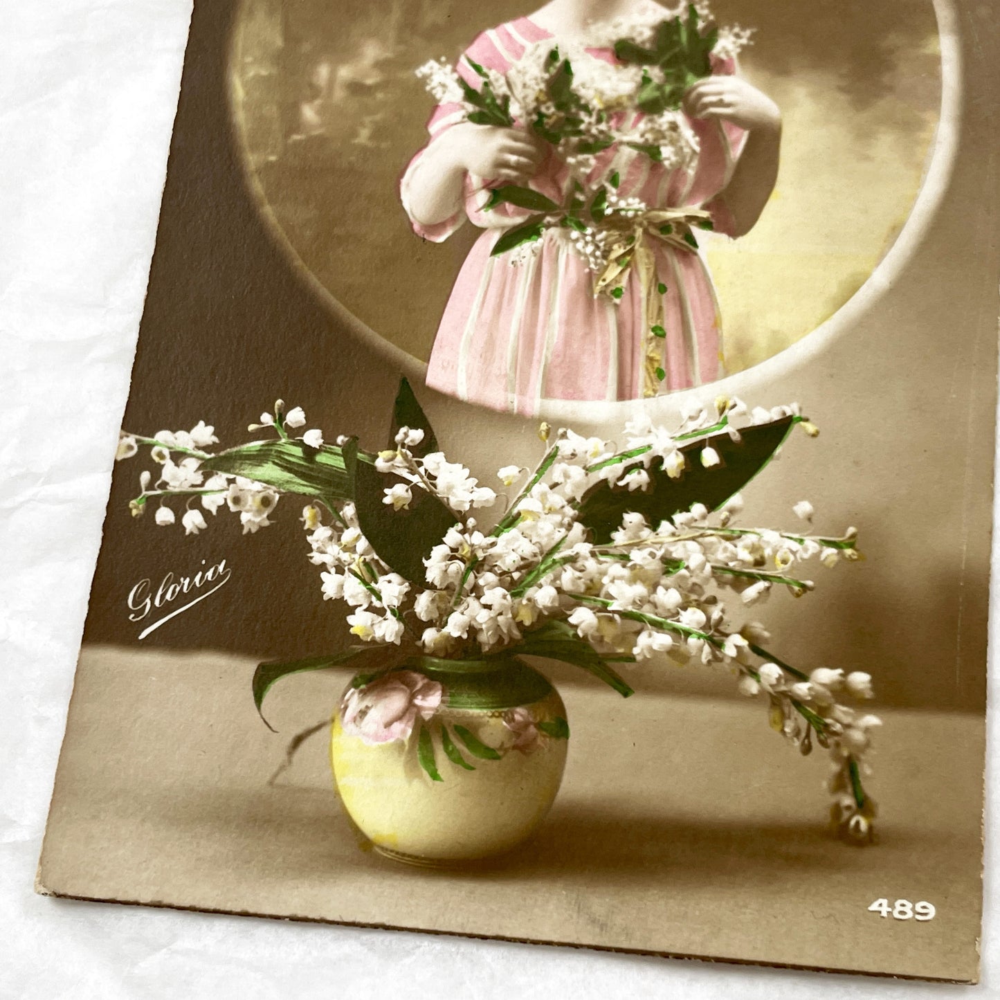 1910s - French Muguet Porte-Bonheur Postcard - Vintage Lily Of The Valley Lucky Charm - Smiling Woman Sepia Hand-Tinted - Collectible Floral
