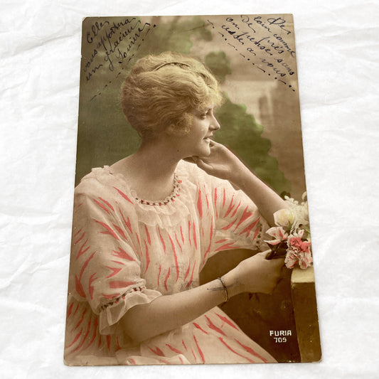 1910s - Elegant Belle Époque Lady Portrait Postcard - Vintage French Hand-Colored Photo - Young Woman with Flowers Collectible