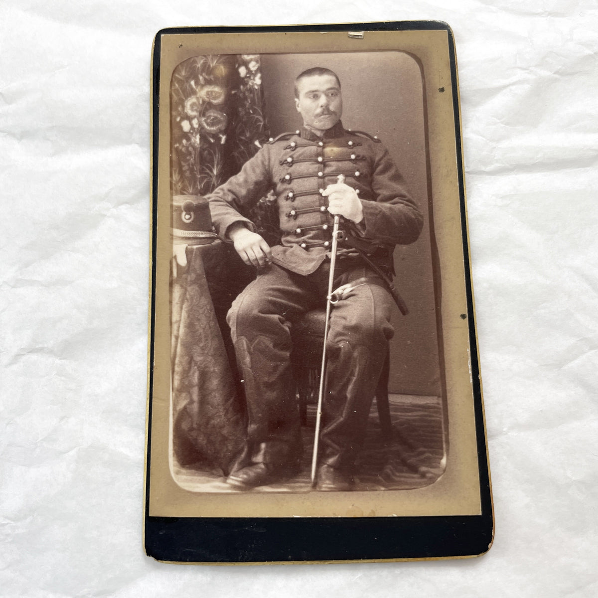 Late 19th - French Military Portrait Cabinet Card - Stern Soldier with Saber - Vintage Photography G. Mimard A. Boisé Orange