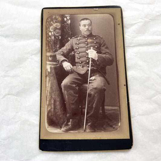 Late 19th - French Military Portrait Cabinet Card - Stern Soldier with Saber - Vintage Photography G. Mimard A. Boisé Orange