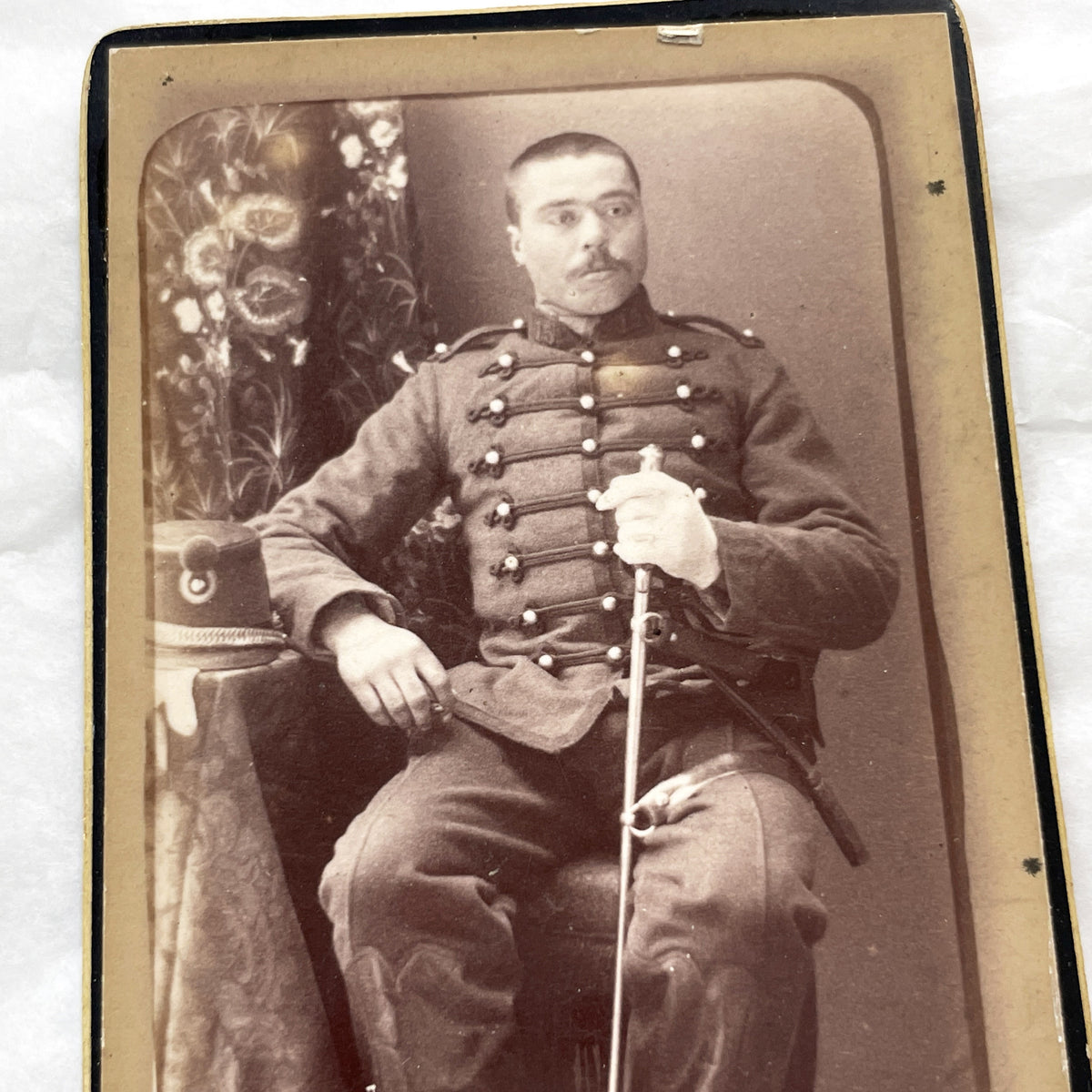 Late 19th - French Military Portrait Cabinet Card - Stern Soldier with Saber - Vintage Photography G. Mimard A. Boisé Orange