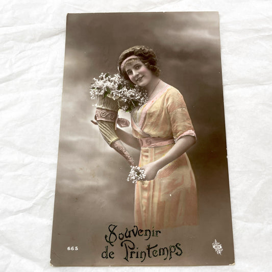 1910s - Vintage French Spring Souvenir Postcard Hand-Colored Woman - Elegant Lady with Flowers - Art Nouveau Era Ephemera Collectible