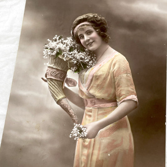 1910s - Vintage French Spring Souvenir Postcard Hand-Colored Woman - Elegant Lady with Flowers - Art Nouveau Era Ephemera Collectible