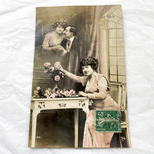 1910s - French Le Rêve Postcard - Vintage Sepia Dream Image - Romantic Hand-Colored Woman with Roses - Antique Collectible Card