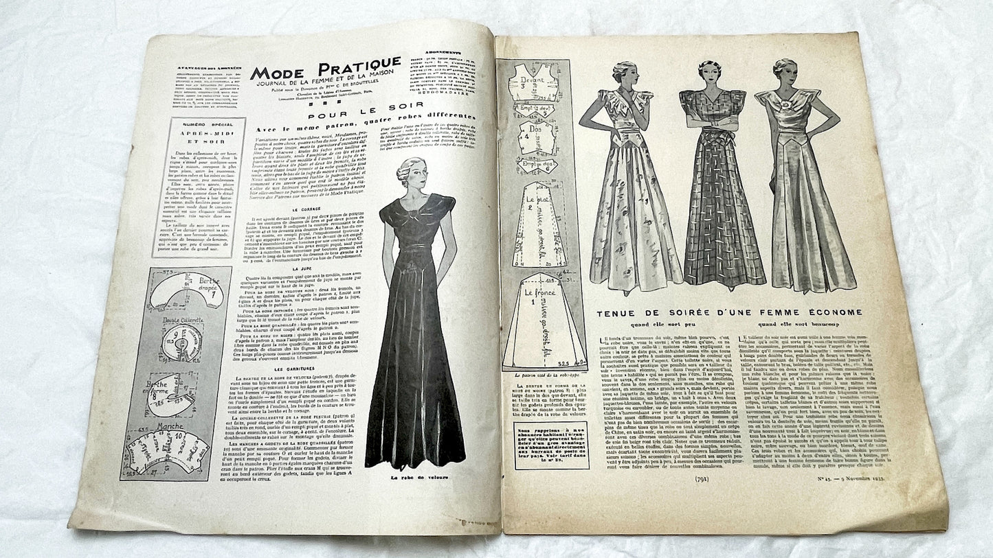 1930s - Vintage French Fashion Magazine - Mode Pratique - November 1935 - Special Edition - Evening Wear - Daywear - Patterns - Schiaparelli