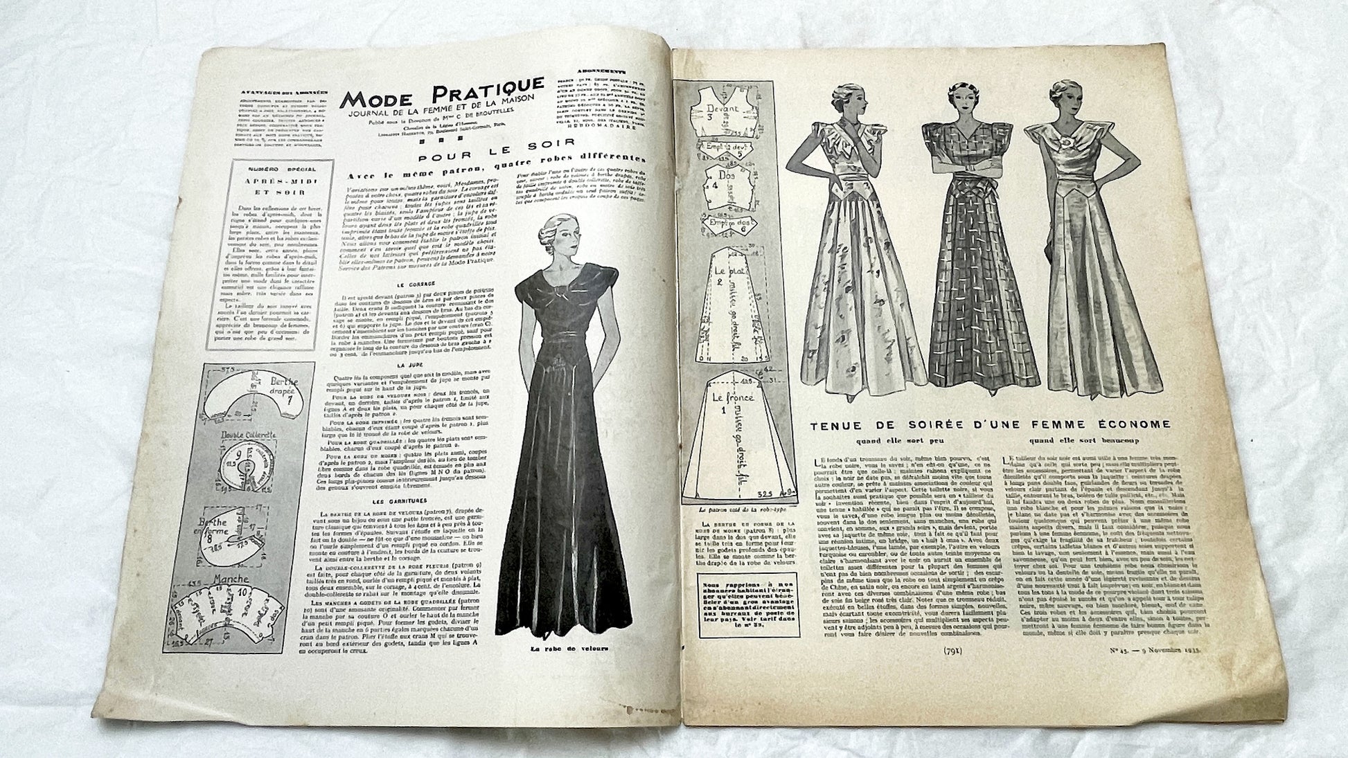 1930s - Vintage French Fashion Magazine - Mode Pratique - November 1935 - Special Edition - Evening Wear - Daywear - Patterns - Schiaparelli