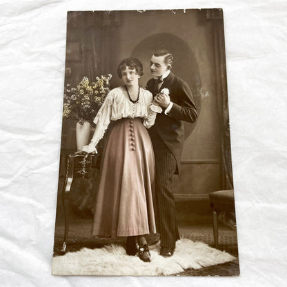 1910s - Elegant Edwardian Couple Portrait Vintage Photo Postcard - Romantic Dressed Woman Man Studio Snapshot - Antique Fashion History