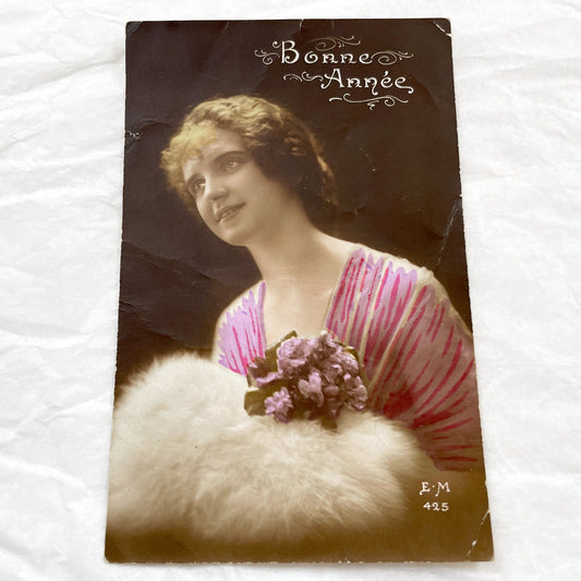 1910s - Vintage French New Year Postcard - Young Woman - Elegant Fur Stole - Hand-Colored Flowers - Antique Greeting Card Collectible