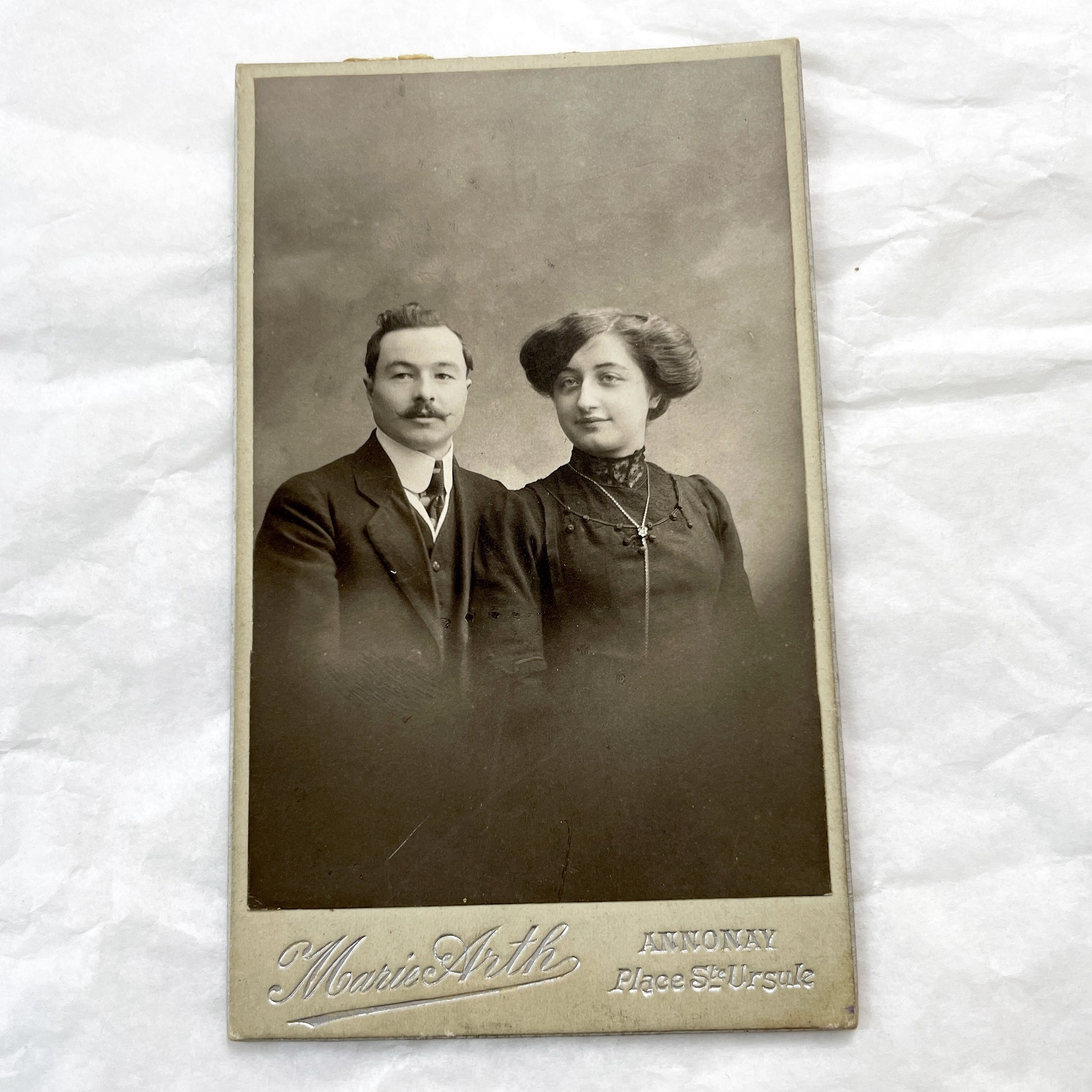 1900s - Vintage French Couple Portrait - Marie Arth Studio Annonay - Elegant Edwardian Era Fashion - Historical Photograph