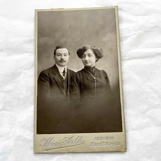 1900s - Vintage French Couple Portrait - Marie Arth Studio Annonay - Elegant Edwardian Era Fashion - Historical Photograph