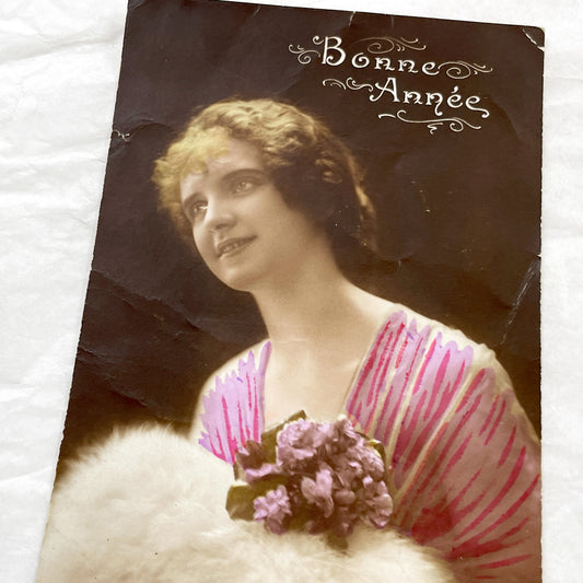 1910s - Vintage French New Year Postcard - Young Woman - Elegant Fur Stole - Hand-Colored Flowers - Antique Greeting Card Collectible