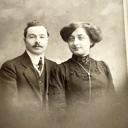 1900s - Vintage French Couple Portrait - Marie Arth Studio Annonay - Elegant Edwardian Era Fashion - Historical Photograph
