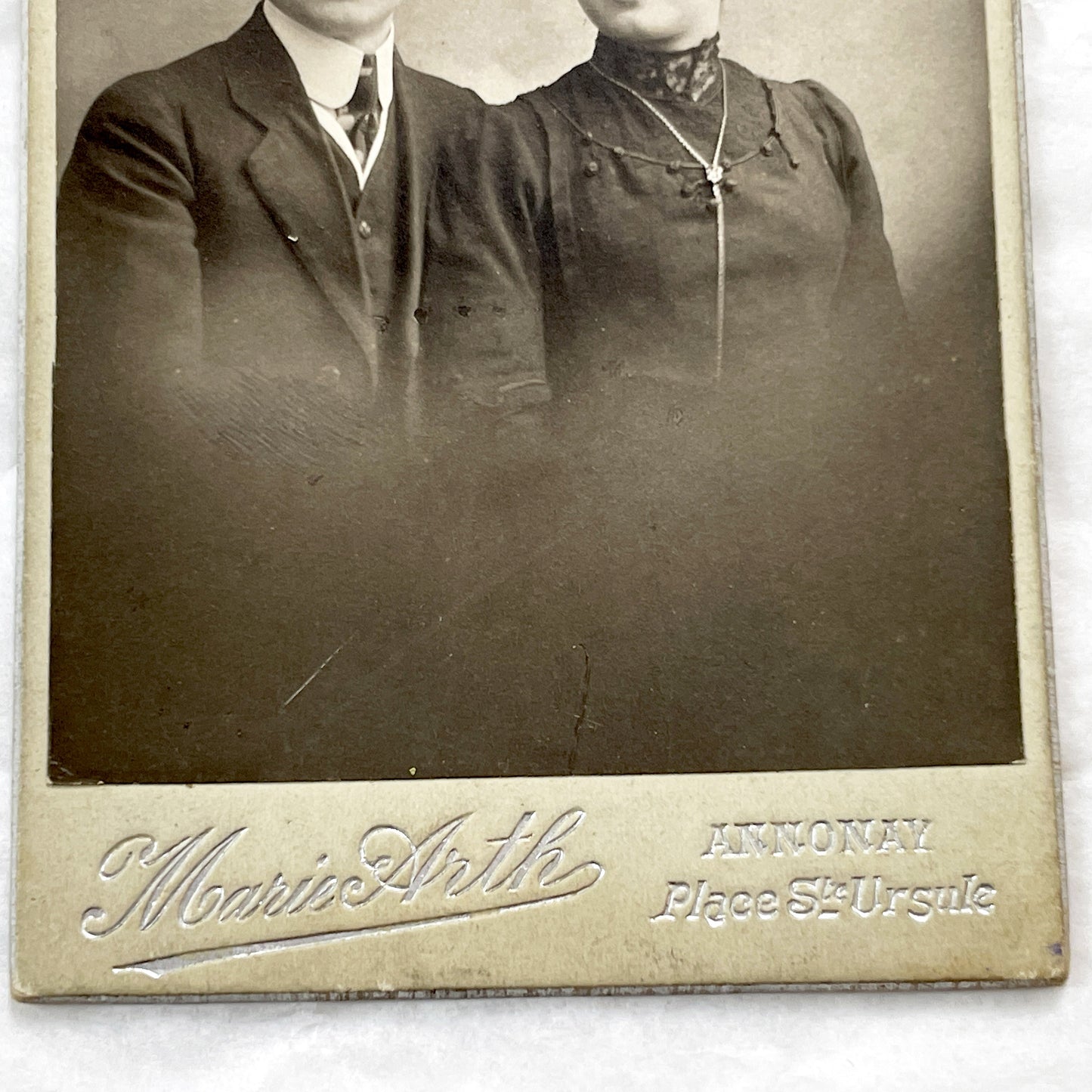 1900s - Vintage French Couple Portrait - Marie Arth Studio Annonay - Elegant Edwardian Era Fashion - Historical Photograph