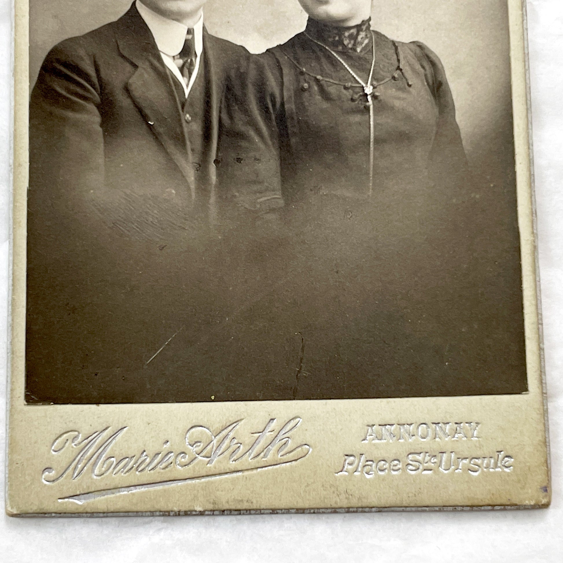 1900s - Vintage French Couple Portrait - Marie Arth Studio Annonay - Elegant Edwardian Era Fashion - Historical Photograph