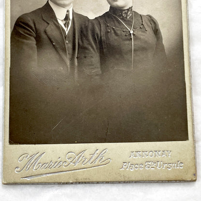 1900s - Vintage French Couple Portrait - Marie Arth Studio Annonay - Elegant Edwardian Era Fashion - Historical Photograph