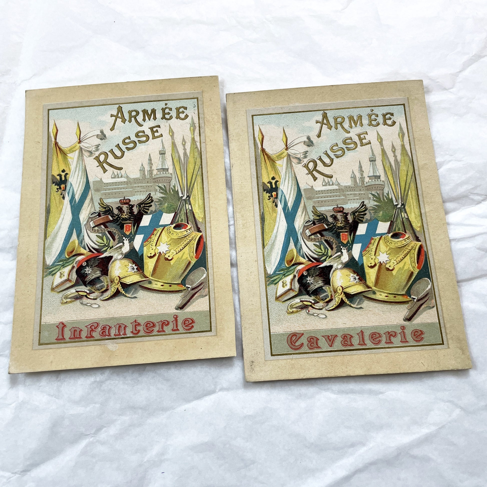 1900s - 2 Antique Russian Imperial Army Military Chromo Cards - Infantry And Cavalry Vintage Ephemera Collection - Historic Collectible