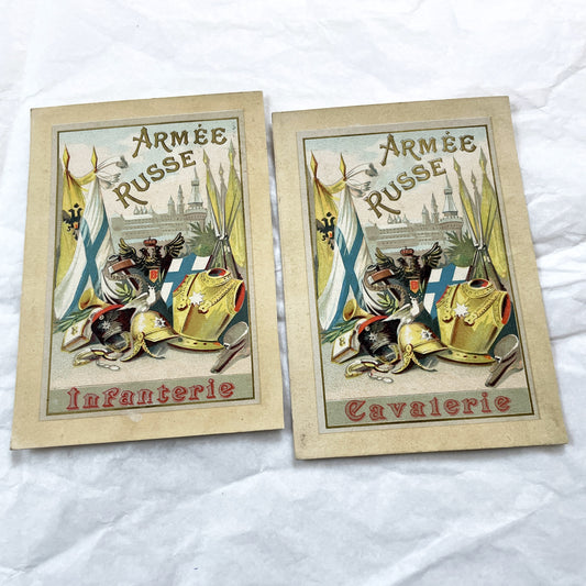 1900s - 2 Antique Russian Imperial Army Military Chromo Cards - Infantry And Cavalry Vintage Ephemera Collection - Historic Collectible