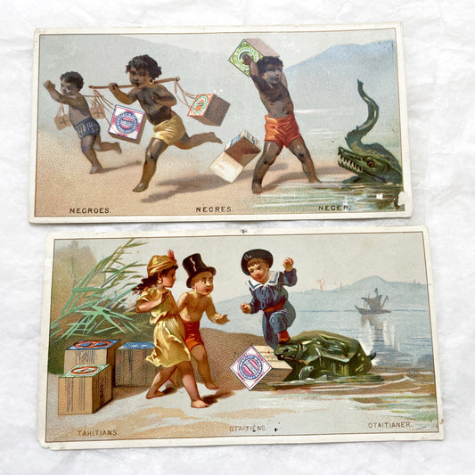 Late 19th - Two large Vintage Huntley & Palmers Advertising Chromos - Global Children Illustrations - Colonial Era Collectible Art Cards
