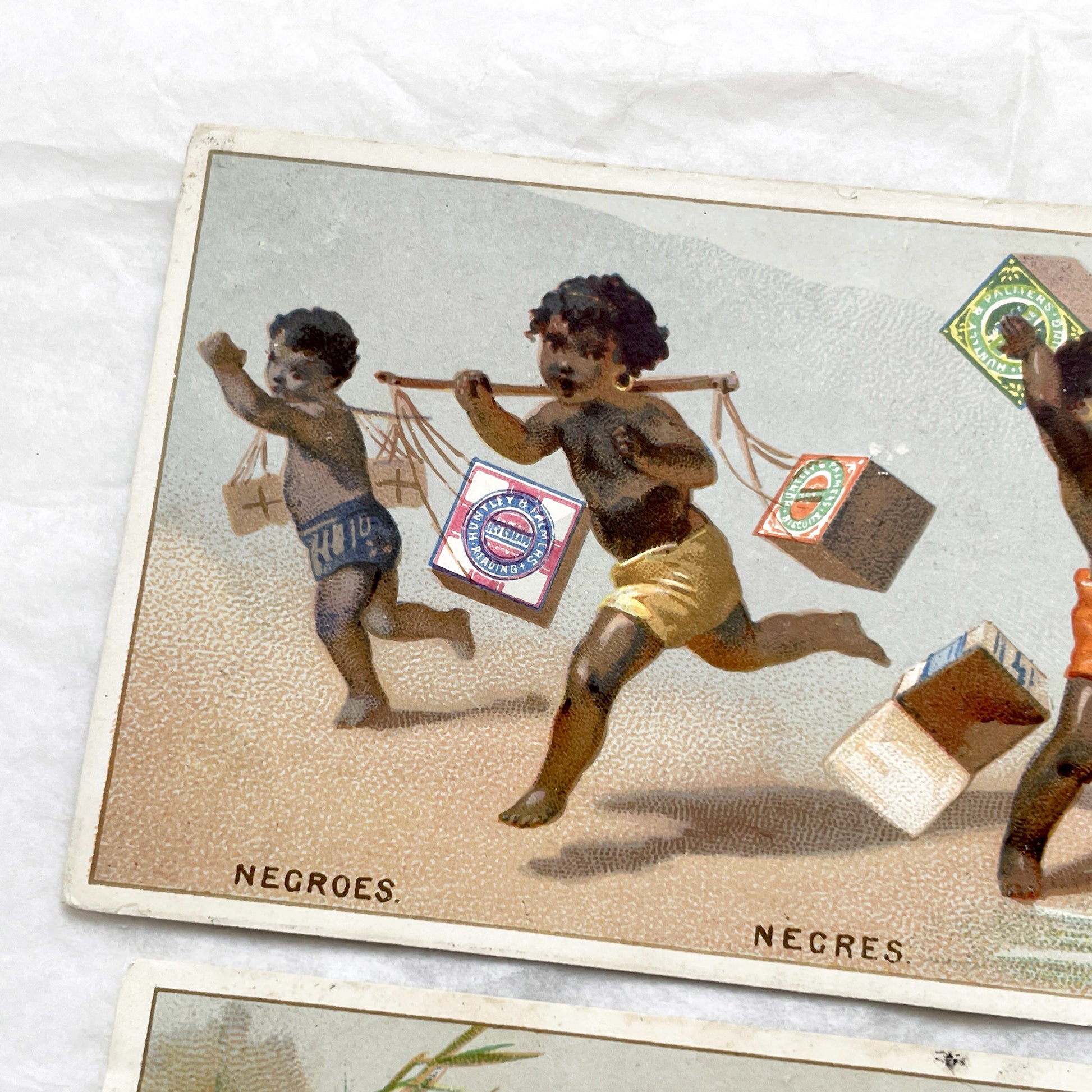 Late 19th - Two large Vintage Huntley & Palmers Advertising Chromos - Global Children Illustrations - Colonial Era Collectible Art Cards