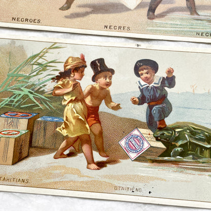 Late 19th - Two large Vintage Huntley & Palmers Advertising Chromos - Global Children Illustrations - Colonial Era Collectible Art Cards