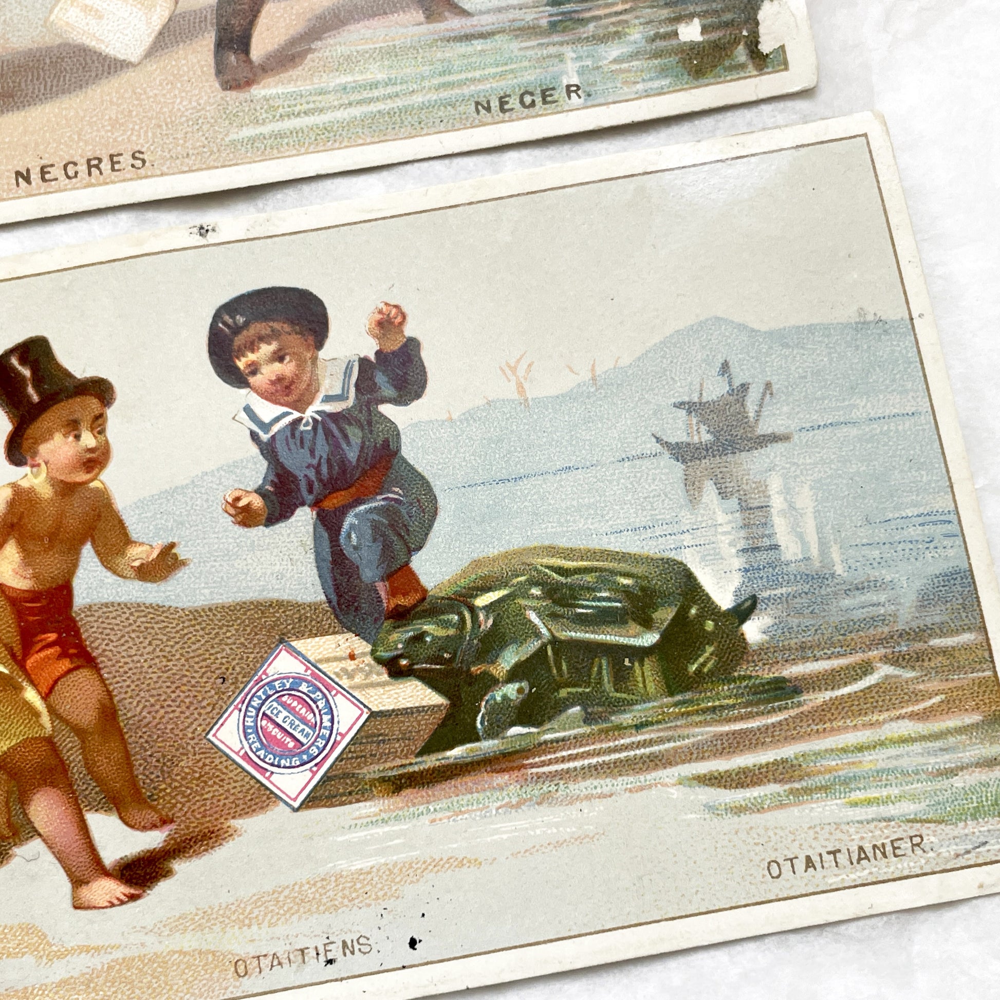 Late 19th - Two large Vintage Huntley & Palmers Advertising Chromos - Global Children Illustrations - Colonial Era Collectible Art Cards