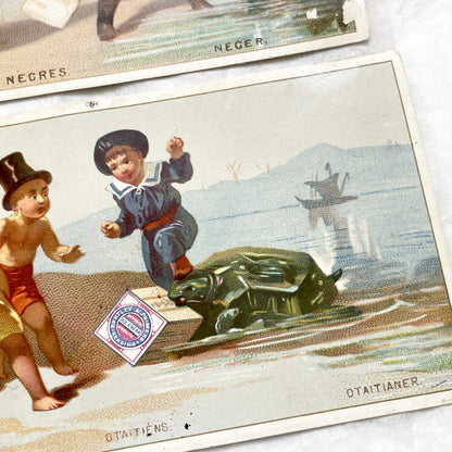 Late 19th - Two large Vintage Huntley & Palmers Advertising Chromos - Global Children Illustrations - Colonial Era Collectible Art Cards