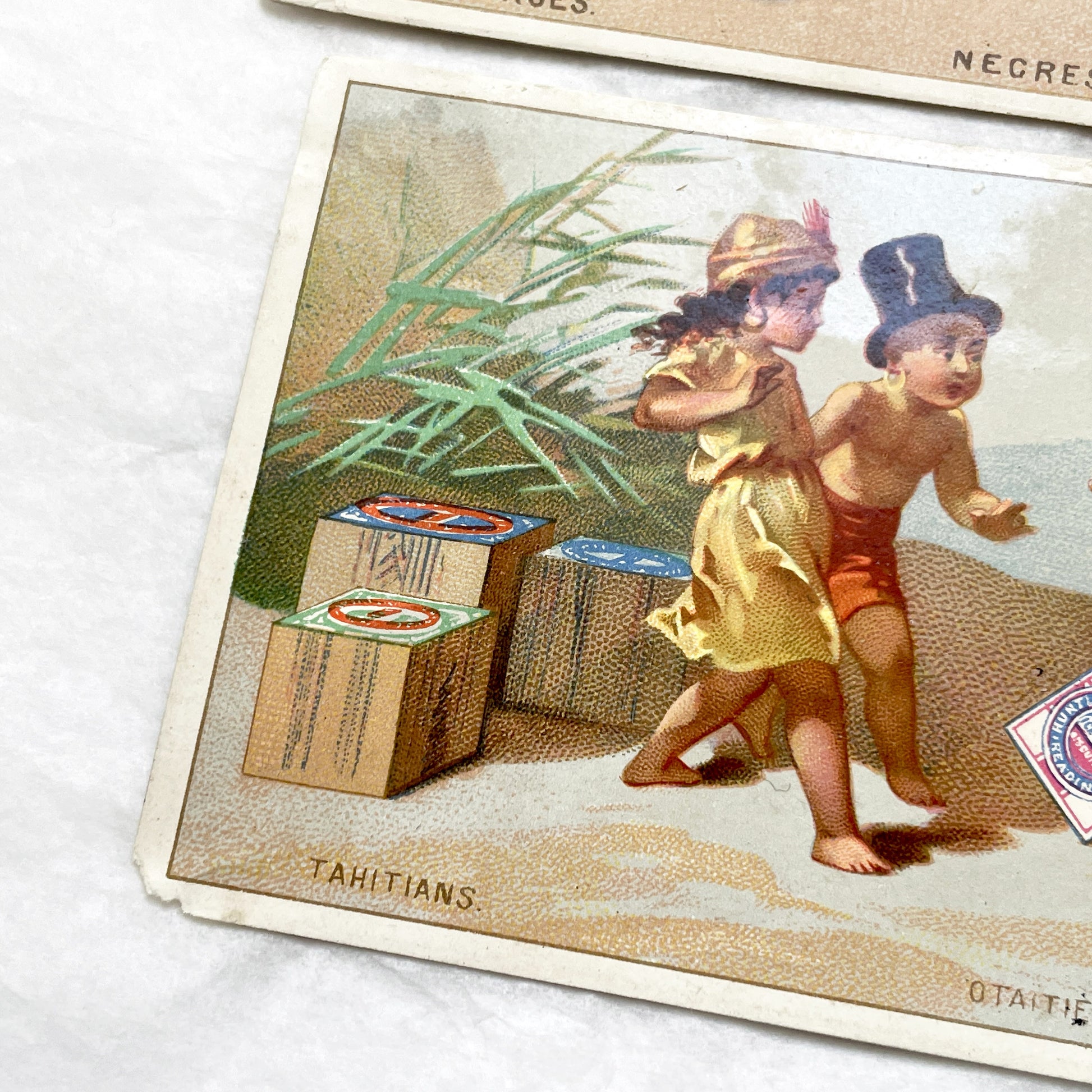 Late 19th - Two large Vintage Huntley & Palmers Advertising Chromos - Global Children Illustrations - Colonial Era Collectible Art Cards