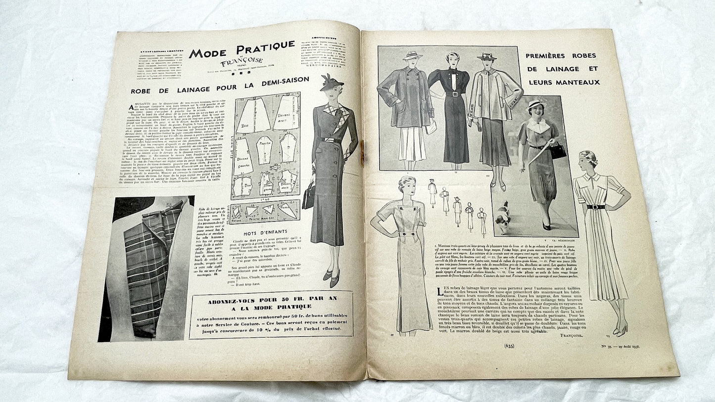 1930s - Vintage French Fashion Magazine - Mode Pratique - Elegant Style - Sewing Patterns - Home Crafts and Lifestyle Advice