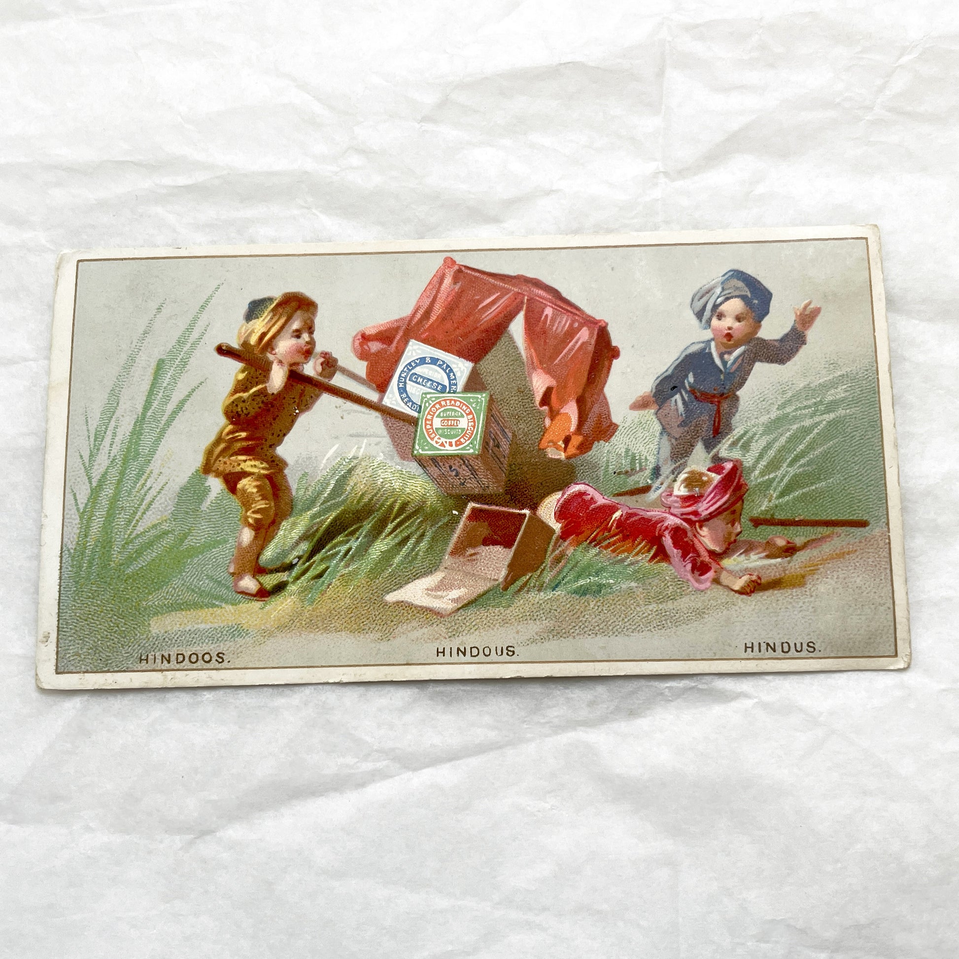 Late 19th - Huntley & Palmer's Advertising Trade Card - Hindoos Coffee Cheese Biscuits Chromo Collectible - Vintage British Food Ephemera