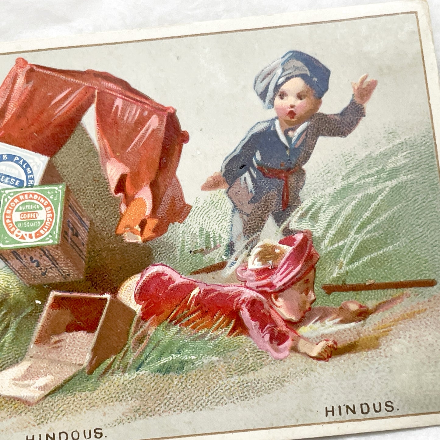 Late 19th - Huntley & Palmer's Advertising Trade Card - Hindoos Coffee Cheese Biscuits Chromo Collectible - Vintage British Food Ephemera