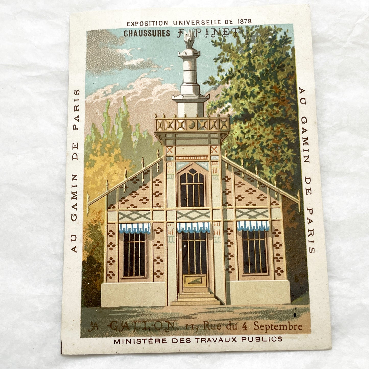 Late 19th - F. Pinet Chaussures Paris Exhibition Trade Card - Vintage French Advertising Chromo - Paris Rue du 4 Septembre Ministry
