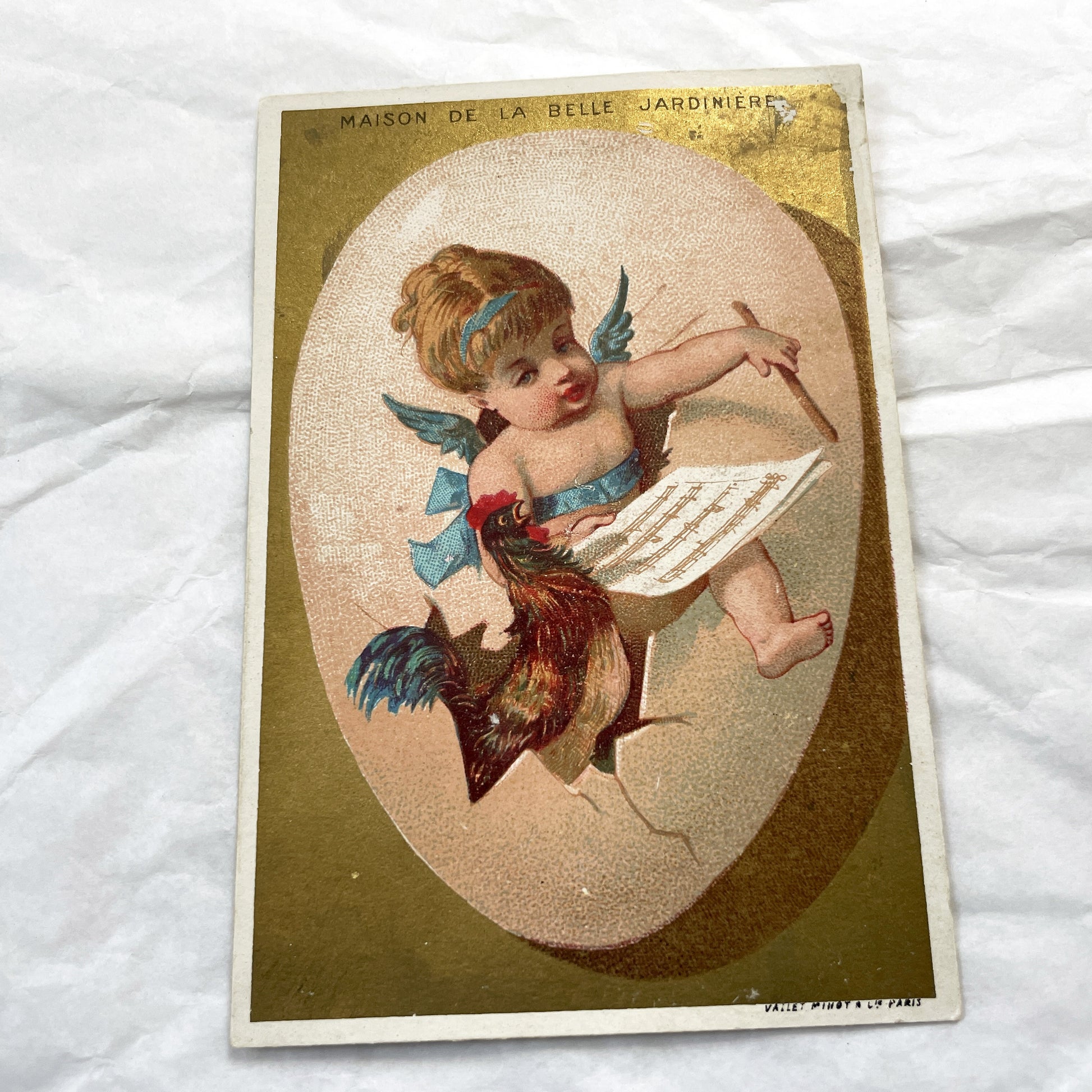 1900s - Antique French Chromo Card - Belle Jardiniere Advertising - Cherub Rooster Egg Music Sheet - Vallet Minot Paris Collectible Ephemera