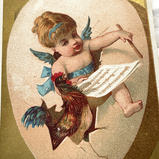 1900s - Antique French Chromo Card - Belle Jardiniere Advertising - Cherub Rooster Egg Music Sheet - Vallet Minot Paris Collectible Ephemera