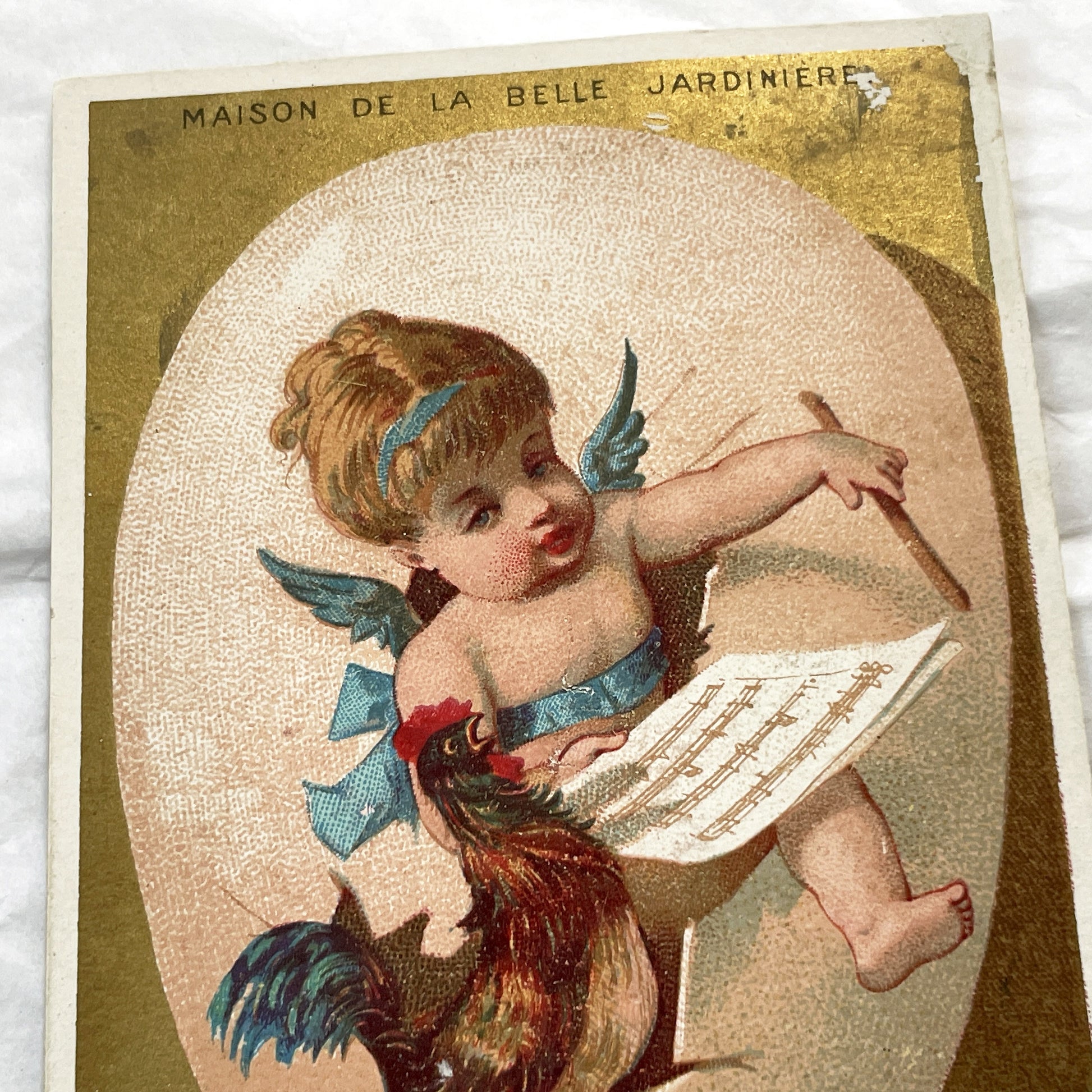 1900s - Antique French Chromo Card - Belle Jardiniere Advertising - Cherub Rooster Egg Music Sheet - Vallet Minot Paris Collectible Ephemera