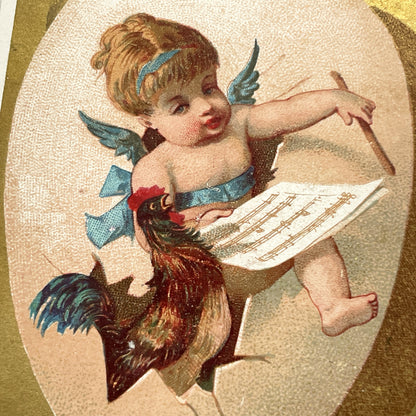1900s - Antique French Chromo Card - Belle Jardiniere Advertising - Cherub Rooster Egg Music Sheet - Vallet Minot Paris Collectible Ephemera