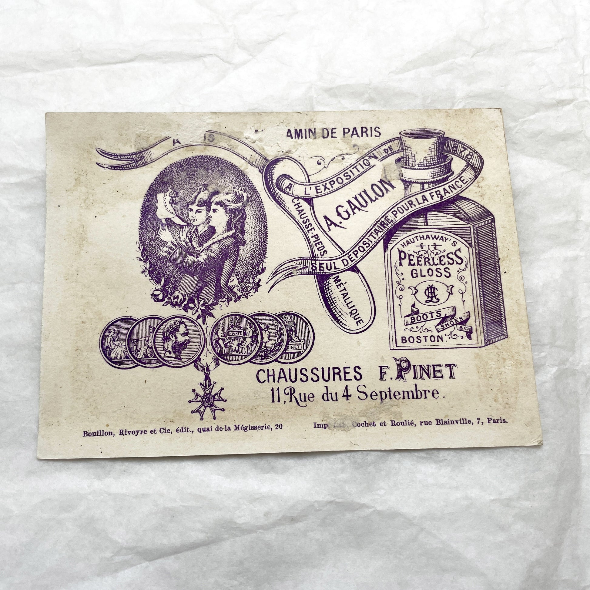 Late 19th - F. Pinet Chaussures Paris Exhibition Trade Card - Vintage French Advertising Chromo - Paris Rue du 4 Septembre Ministry
