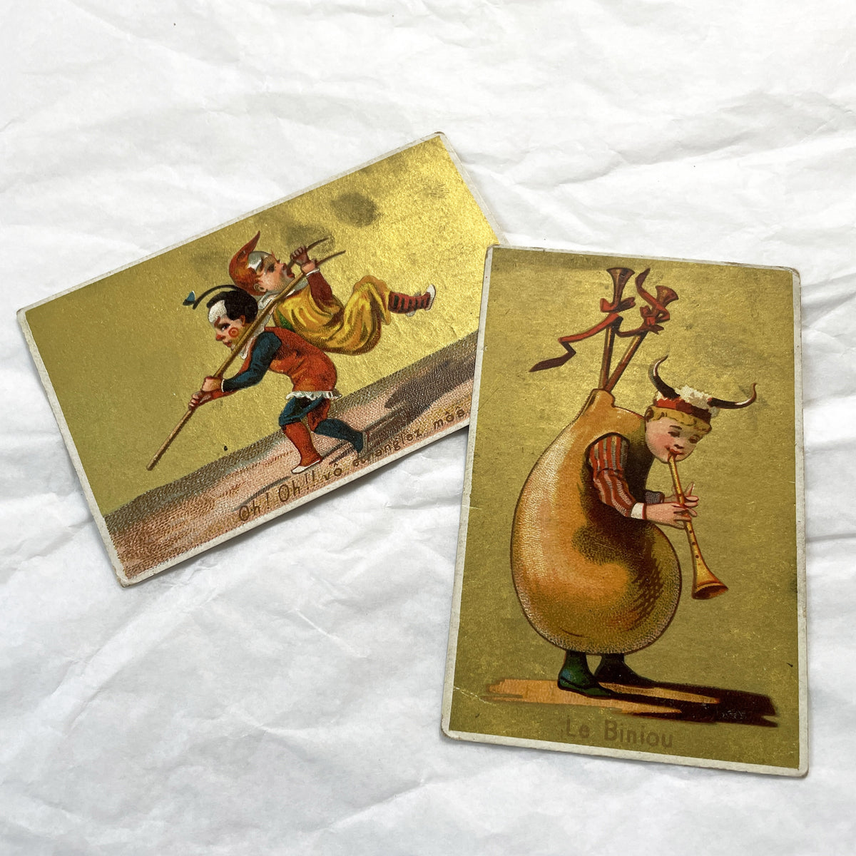 Late 19th - 2 Antique French Chromos - Gold Whimsical Musical Figures - Breton Biniou Folk Art Print Collectible Ephemera