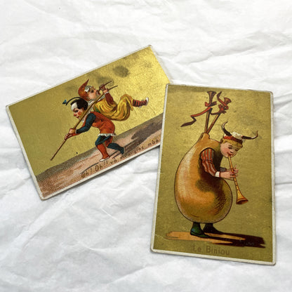 Late 19th - 2 Antique French Chromos - Gold Whimsical Musical Figures - Breton Biniou Folk Art Print Collectible Ephemera