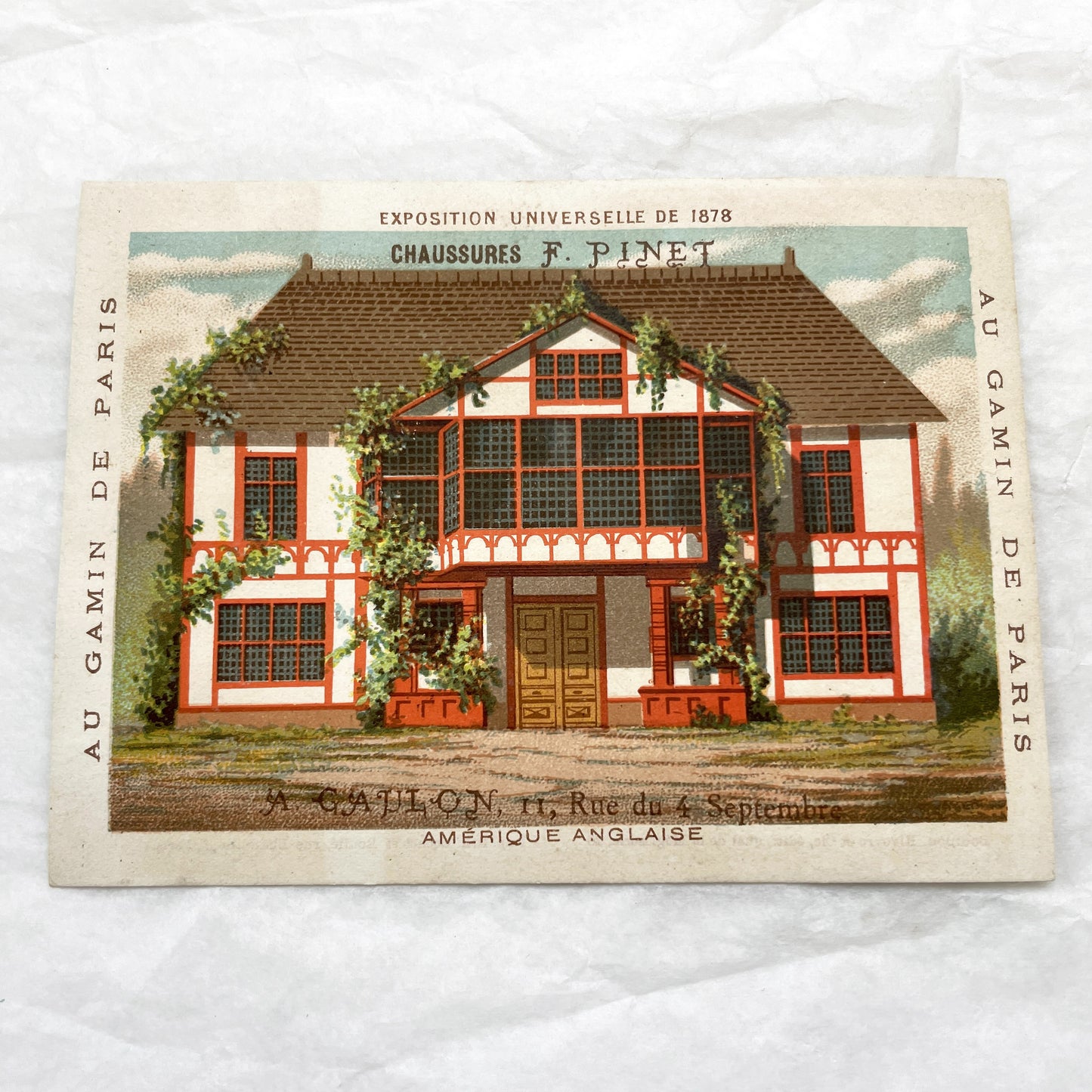 Late 19th - F. Pinet Chaussures Advertising Chromo - Paris Universal Exhibition - Vintage French Shoe Store Trade Card Art