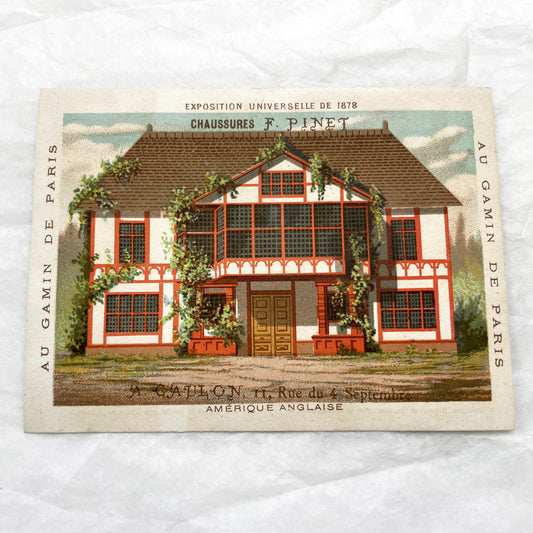 Late 19th - F. Pinet Chaussures Advertising Chromo - Paris Universal Exhibition - Vintage French Shoe Store Trade Card Art