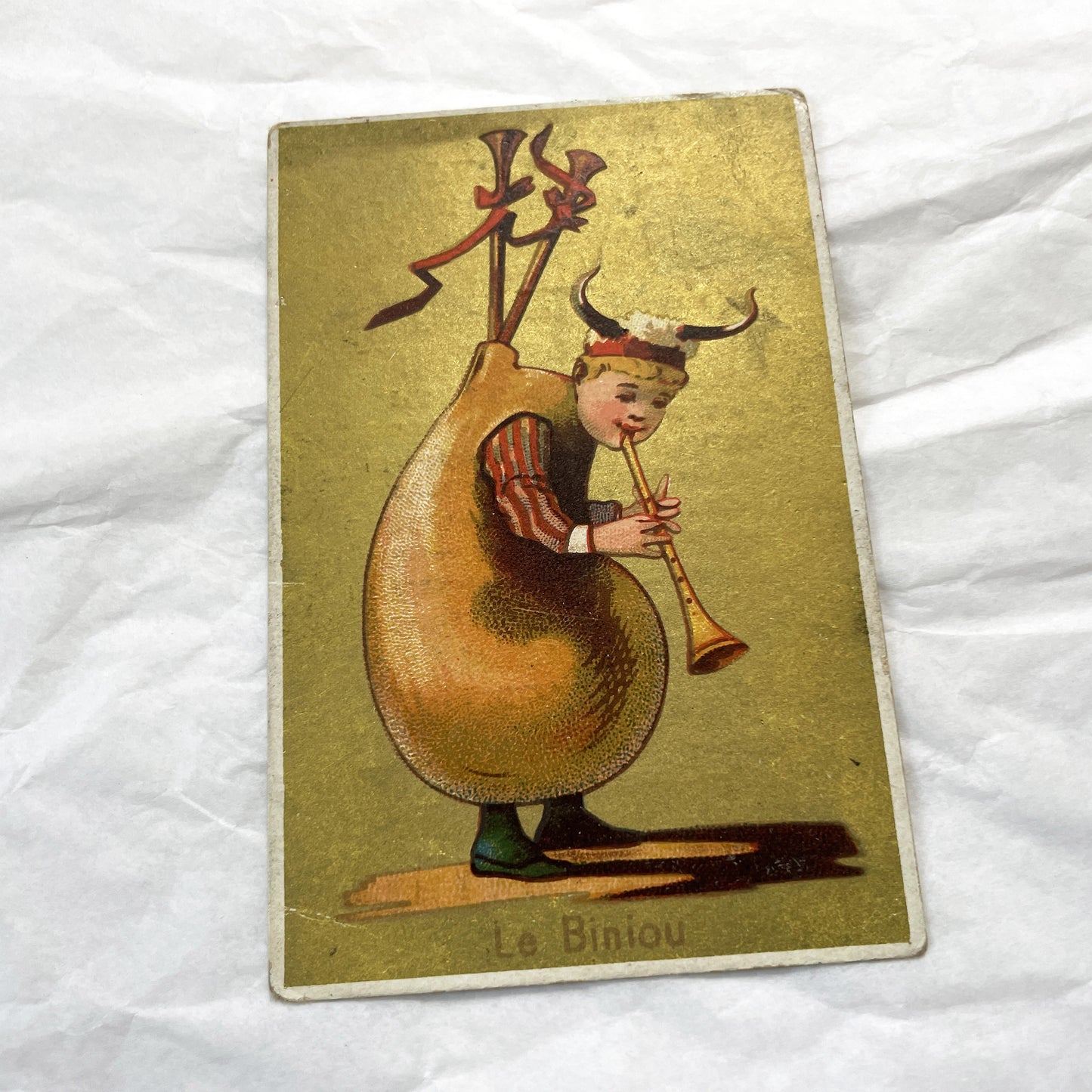 Late 19th - 2 Antique French Chromos - Gold Whimsical Musical Figures - Breton Biniou Folk Art Print Collectible Ephemera