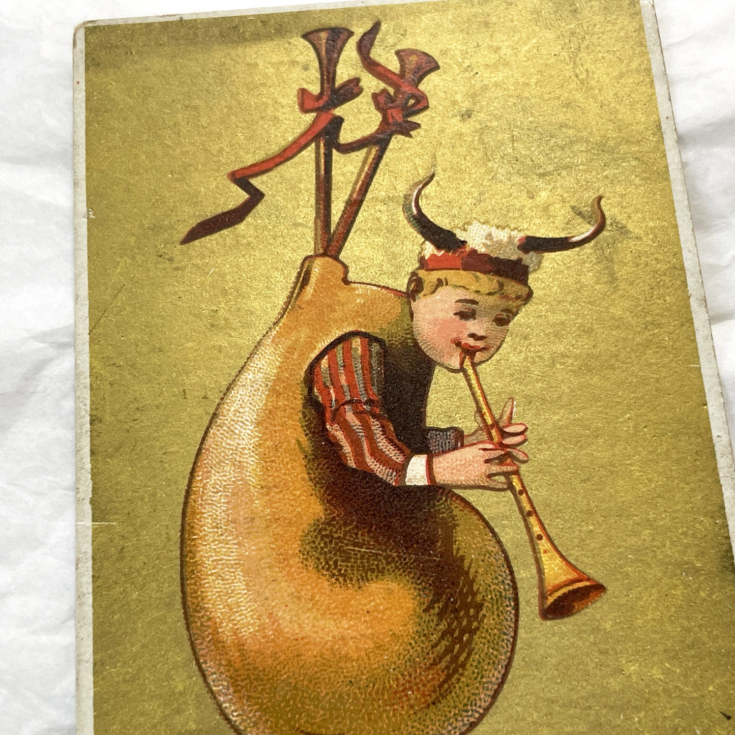 Late 19th - 2 Antique French Chromos - Gold Whimsical Musical Figures - Breton Biniou Folk Art Print Collectible Ephemera