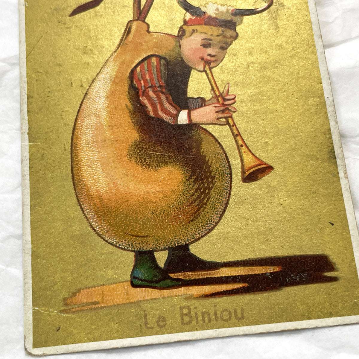 Late 19th - 2 Antique French Chromos - Gold Whimsical Musical Figures - Breton Biniou Folk Art Print Collectible Ephemera