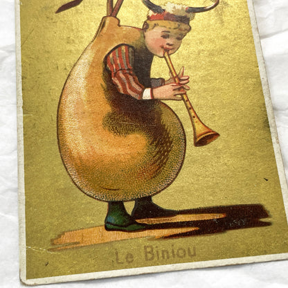 Late 19th - 2 Antique French Chromos - Gold Whimsical Musical Figures - Breton Biniou Folk Art Print Collectible Ephemera