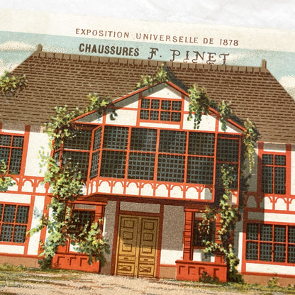 Late 19th - F. Pinet Chaussures Advertising Chromo - Paris Universal Exhibition - Vintage French Shoe Store Trade Card Art