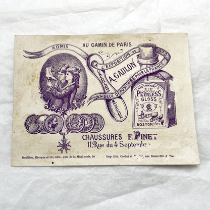 Late 19th - F. Pinet Chaussures Advertising Chromo - Paris Universal Exhibition - Vintage French Shoe Store Trade Card Art