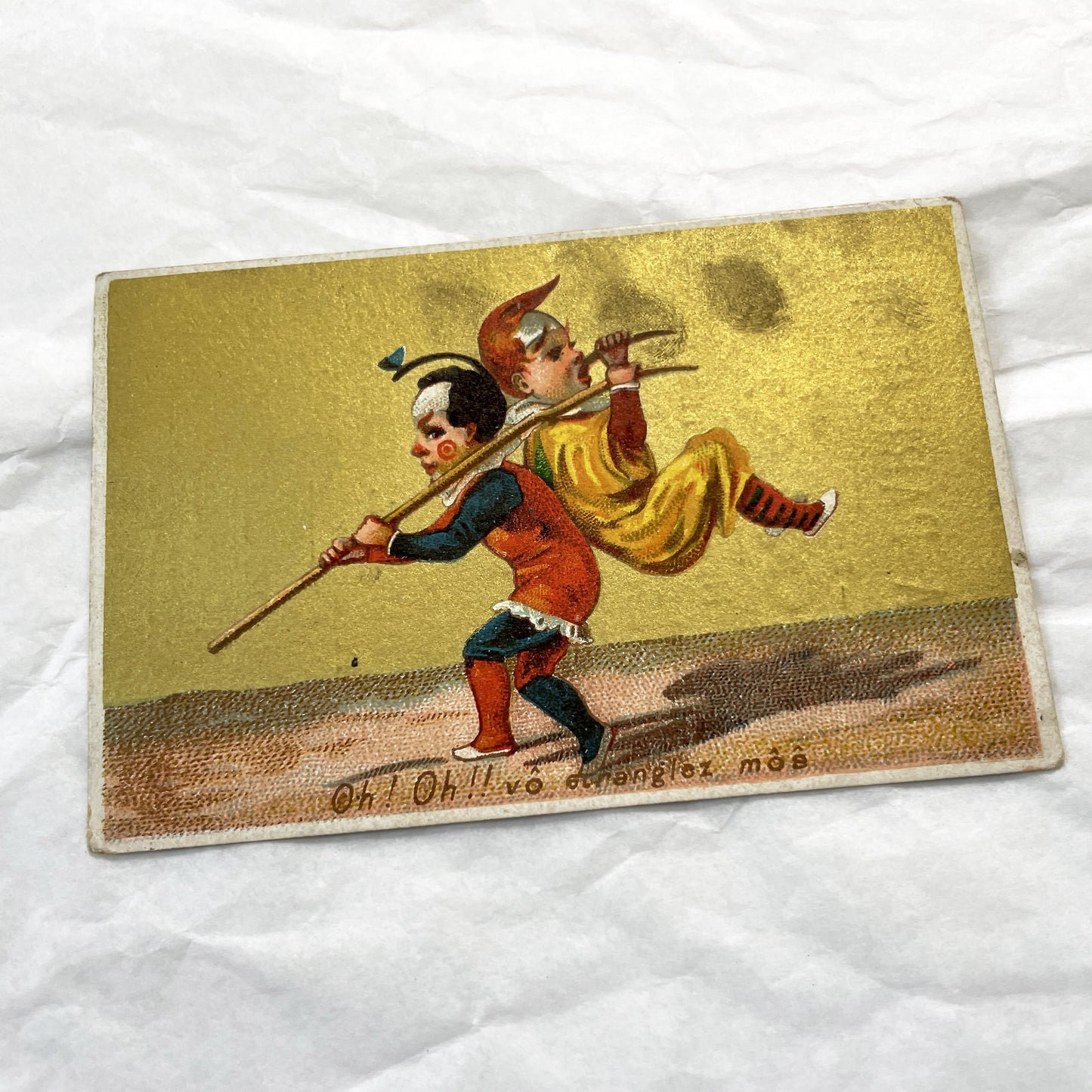 Late 19th - 2 Antique French Chromos - Gold Whimsical Musical Figures - Breton Biniou Folk Art Print Collectible Ephemera